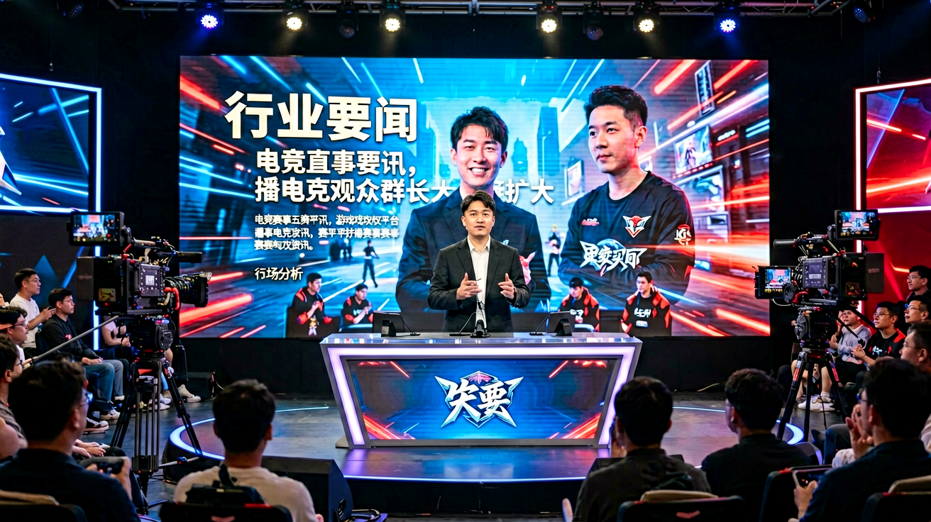 电竞赛事直播现场，解说台与巨型屏幕
