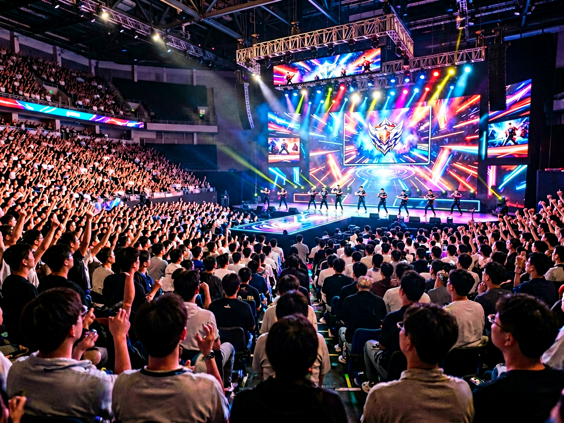 电竞赛事现场全景，观众席座无虚席，舞台灯光璀璨